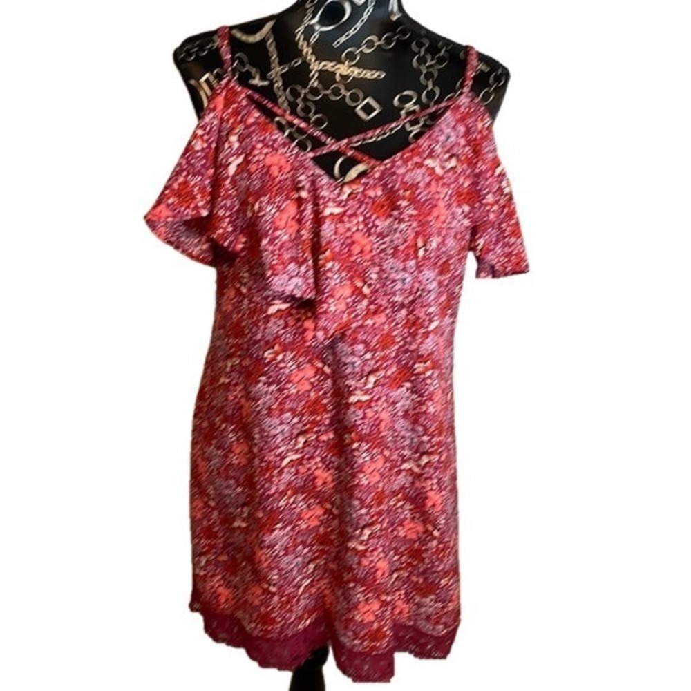 B Darlin Floral Cold Shoulder Dress Ruffle Casual Summer Pink Red Size 13/14